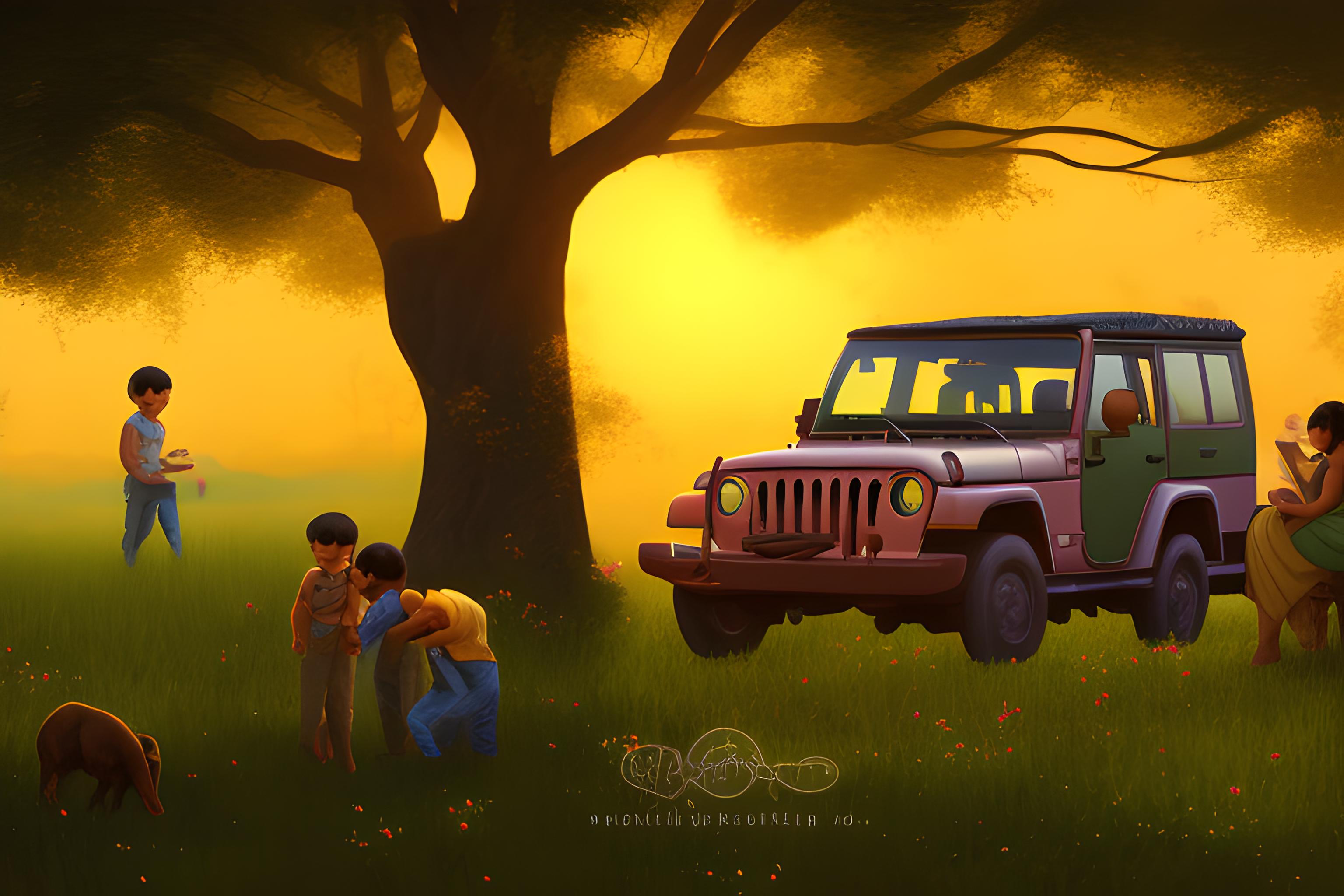 a indian farm with a 2 story house with a jeep standing and a happy family of 4 mom dad 2 young kid…